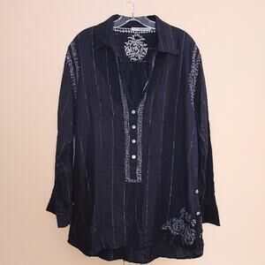 Subtle Luxury Boho Kurta Tunic Top Navy Silver Thread Med/Lg India Pinstripe